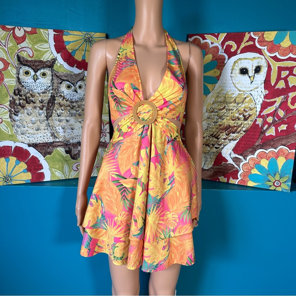 Shein Dress Tropical Print Layered Hem Tie Backless Halter Hawaiian Sun‎ Dress - Picture 2 of 10